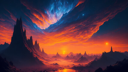 a mesmerizing otherworldly sunset, where the radiant sun dips gracefully below the horizon