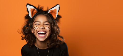 Cute Young Hispanic Girl Dressed as a Kitty Cat for Halloween on an Orange Banner with Space for Copy