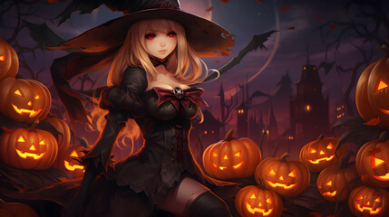 anime girl halloween witch with pumpkin