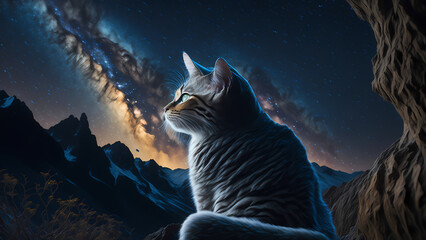a curious cat lost in the beauty of the Milky Way