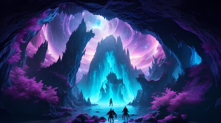 a group of adventurers stumbles upon the entrance of a mystical cave, ai generated content
