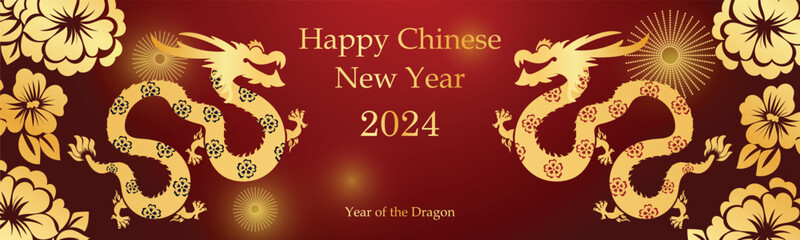 Chinese New Year 2024, the year of the Dragon, red and gold line art characters, simple hand-drawn Asian elements with craft (Chinese translation: Happy Chinese New Year 2024, year of the Dragon)