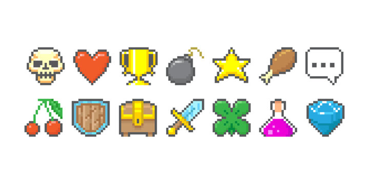 Colorful simple 8bit pixel art graphic symbols group collection. Skull, heart, goblet, bomb, cherry, chest, phrase, star, food