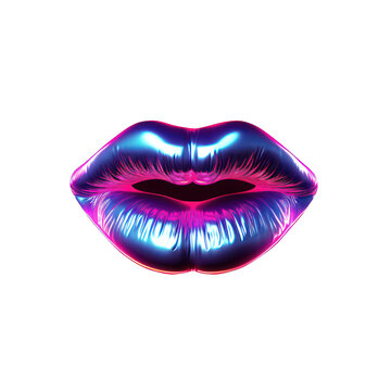 isolated lips icon, bright neon cyberpunk lips illustration on transparent background, brightly coloured pink and purple abstract lips