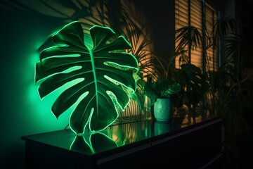 Monstera neon sign adds trendy style to bedroom decor. Custom home decor. Generative AI