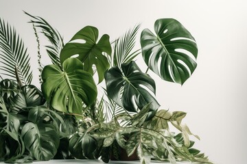 Tropical foliage arrangement with monstera & palm leaves isolated on white. Generative AI
