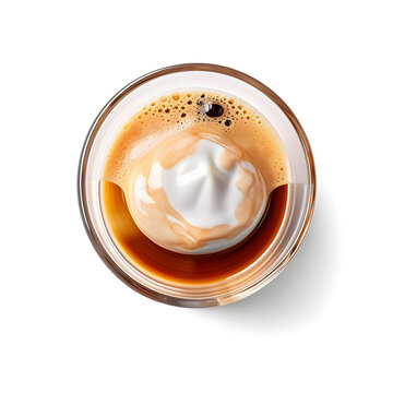 affogato hot coffee in glass with ice cream topping top view isolated on white background