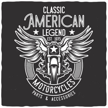 T-shirt or poster design with illustration of a motorcycle with a wings