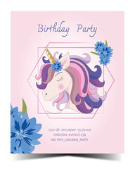 Cute unicorn invitation with flowers. Ready to print. Vector illustration	