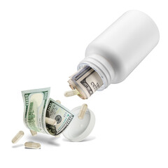Pieniądze i lekarstwa , wylatują z plastikowej białej. 