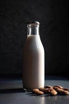 Bottle of milk with almond milk and some almond seeds on the table. 3d AI generation
