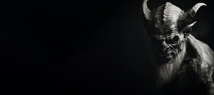 Black and white portrait of a demonic devil on black background banner. Generative AI illustration