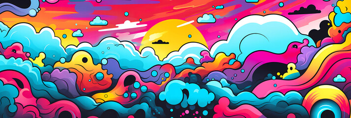 Comics illustration, retro and 90s style, pop art pattern, abstract crazy and psychedelic background, Generative AI