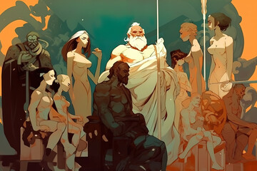  generative AI. Gathering of ancient gods of Olimpo. Cartoon american style