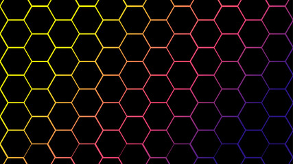 Luxury hexagonal pattern abstract black background with colorful gradient light lines. Dark 3d geometric texture illustration. Bright grid pattern abstract black hexagon background.