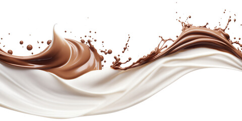 A splash of milk and chocolate on a white background. Generative AI.