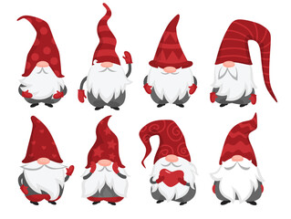 Set of cute gnomes with long beards and red hats isolated on white background. Scandinavian cartoon gnome characters for Christmas design and decoration. Fairy tale dwarfs vector collection. - obrazy, fototapety, plakaty
