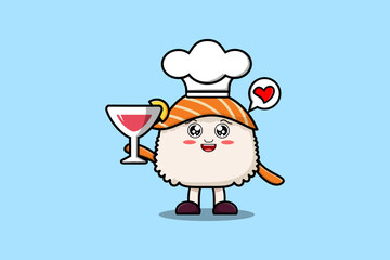 Cute cartoon Sushi chef character holding wine glass flat cartoon style illustration