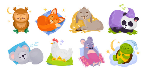 Set of cute sleeping baby animals isolated on white background.  Cartoon animal characters, an owl, fox, panda, koala, chicken, turtle, goat, and mouse in a good night slumber. Vector collection.