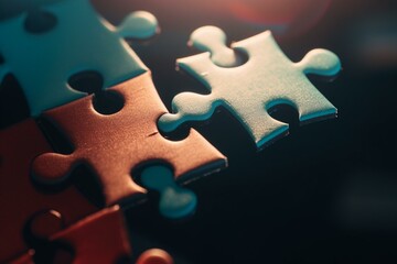 Jigsaw pieces interlocking. Cooperative business performance. Partnership, unity, collaboration, connection, success, teamwork. Generative AI - obrazy, fototapety, plakaty