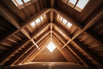 Roof made of glued laminated timber and wooden rafters. Generative AI