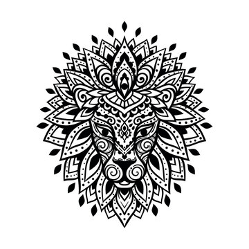 Lion mandala ornament. Vector illustration. Flower Ethnic drawing. Lion animal in Zen boho style. Coloring page, Leo zodiac, Astrology
