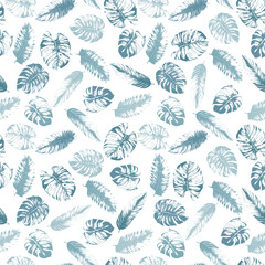Print of different tropical leaves in blue colors. Print for different summer clothes, phone cases, packaging and textiles. Seamless pattern