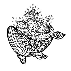 Whale mandala. Vector illustration. Adult coloring page. Whale sea animal in Zen boho style. Peaceful marine. Mystical and Spiritual art
