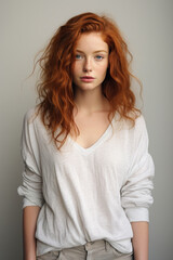 Fototapeta premium A woman with long red hair posing for a picture. Generative AI.