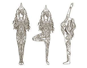 Yoga Girl with Mandala Set. Ornamental feminine Lotus meditation. Vector illustration on ethnic style. International yoga day card. Pose woman