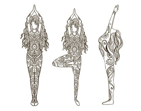 Yoga Girl with Mandala Set. Ornamental feminine Lotus meditation. Vector illustration on ethnic style. International yoga day card. Pose woman