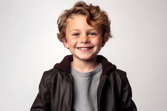 Portrait of a cute little boy in a leather jacket on a white background