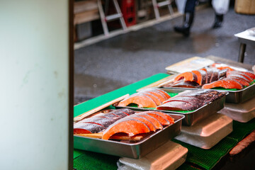 fresh raw salmon fish in a fishshop
