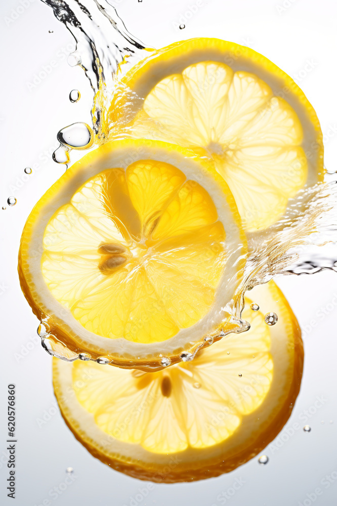 Poster two slices of lemon falling into the water. generative ai.