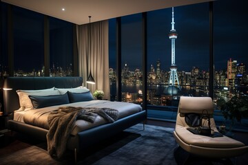 a lavishly decorated bedroom in a high-end penthouse suite. This image showcases plush bedding, deluxe furnishings, and a stunning urban skyline view visible through floor-to-ceiling windows