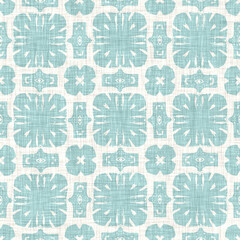 Teal aqua white vibrant watercolor batik azulejos tile background. Seamless coastal blur linen effect geometric mosaic effect.Boho Patchwork nautical masculine all over summer fashion repeat.