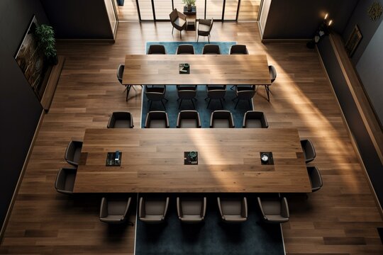 A Bird's Eye View Of A Contemporary Conference Room Featuring A Dark Conference Table, Wooden Wall Accents, And Light Walls. Created Using 3D Rendering Technology. Generative AI