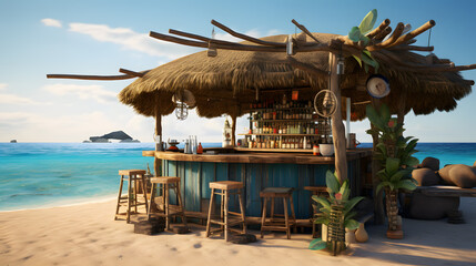 Fototapeta premium Ai generated paradise vacation tropical beach party bar pub club on the blue island ocean view in rustic wooden palm style.