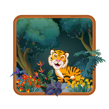cute tiger cartoon with tropical forest background frame