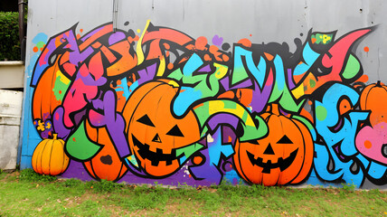 A Wall With A Bunch Of Pumpkins Painted On It