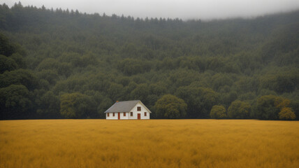 A House In A Field With Trees In The Background