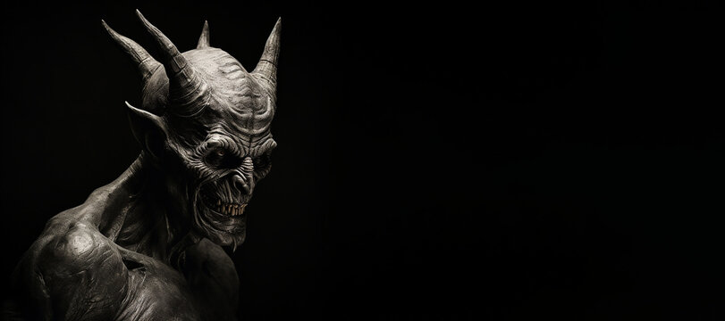 Black And White Portrait Of A Demonic Devil On Black Background Banner. Generative AI Illustration