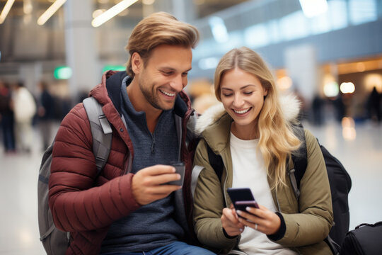 A Man And Woman Sitting On A Bench Looking At A Cell Phone. Generative AI. Happy Couple Of Travellers In Airport Getting Digital Information Via Mobile Phone.