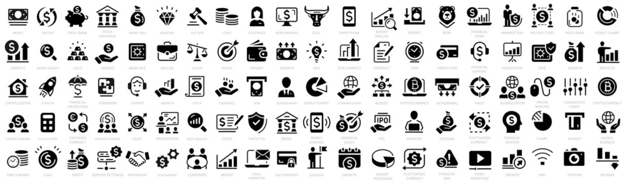 Finance icon set. Money icons. Containing loan, cash, saving, financial goal, profit, budget, mutual fund and more. Vector illustration.