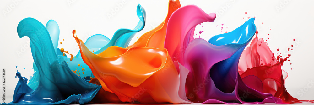 Poster a group of different colored paint splashing on a white surface. generative ai. rainbow wave on whit
