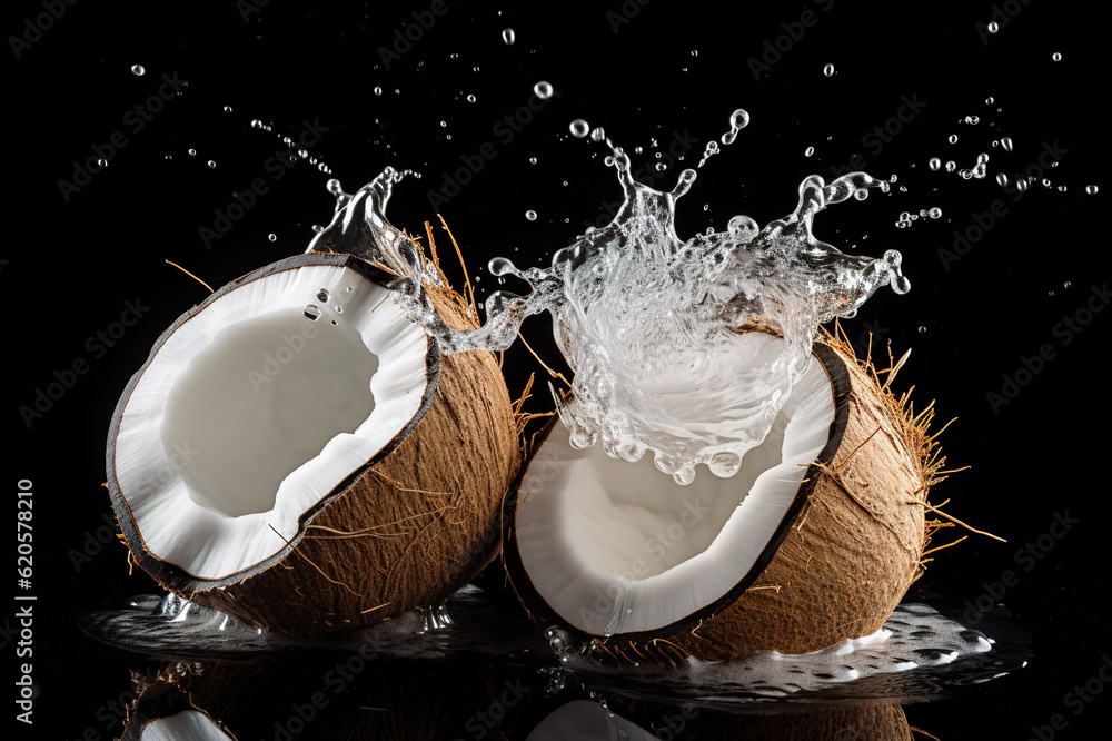 Poster two coconuts with water splashing out of them on black background. generative ai.