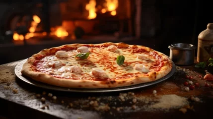 Foto op Plexiglas Traditional food photography - Italian pizza margherita, isolated on dark table background, top view (Generative Ai) © Corri Seizinger
