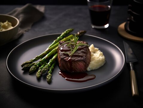 Côte de Boeuf served on a white plate with a side of creamy mashed potatoes and steamed asparagus