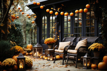  Porch of the backyard decorated with pumpkins and autumn flowers