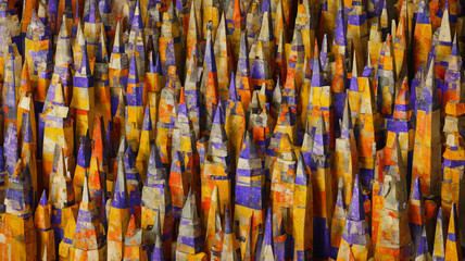 A Group Of Orange, Purple, And Yellow Paper Cones